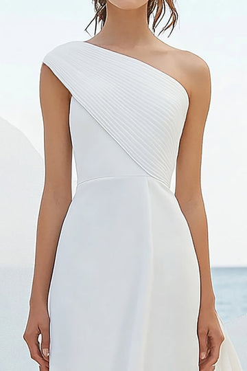 White Sheath One Shoulder Formal Dress with Ruffles